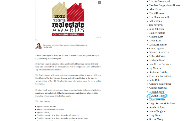 Houston Business Journal (HBJ) 2022 Residential Real Estate Awards Finalist