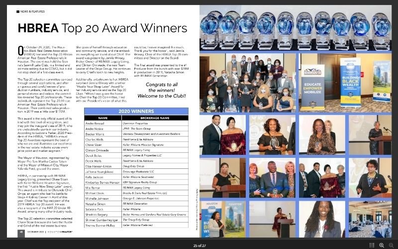 Houston Black Real Estate Association (HBREA) Top 20 Professionals (2020)