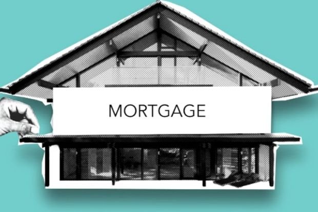 Cutout paper composition with modern residential house bought with mortgage on green background